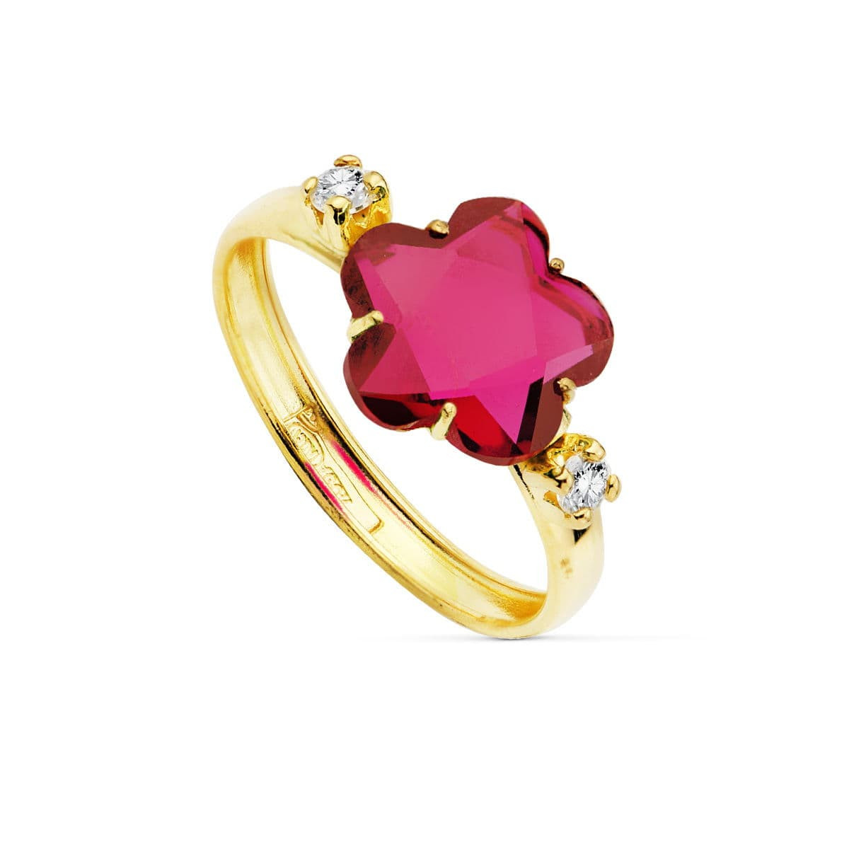 18K SORTIJA ORO AMARILLO CON CIRCONITA ROJA FORMA FLOR 10X10 MM.
