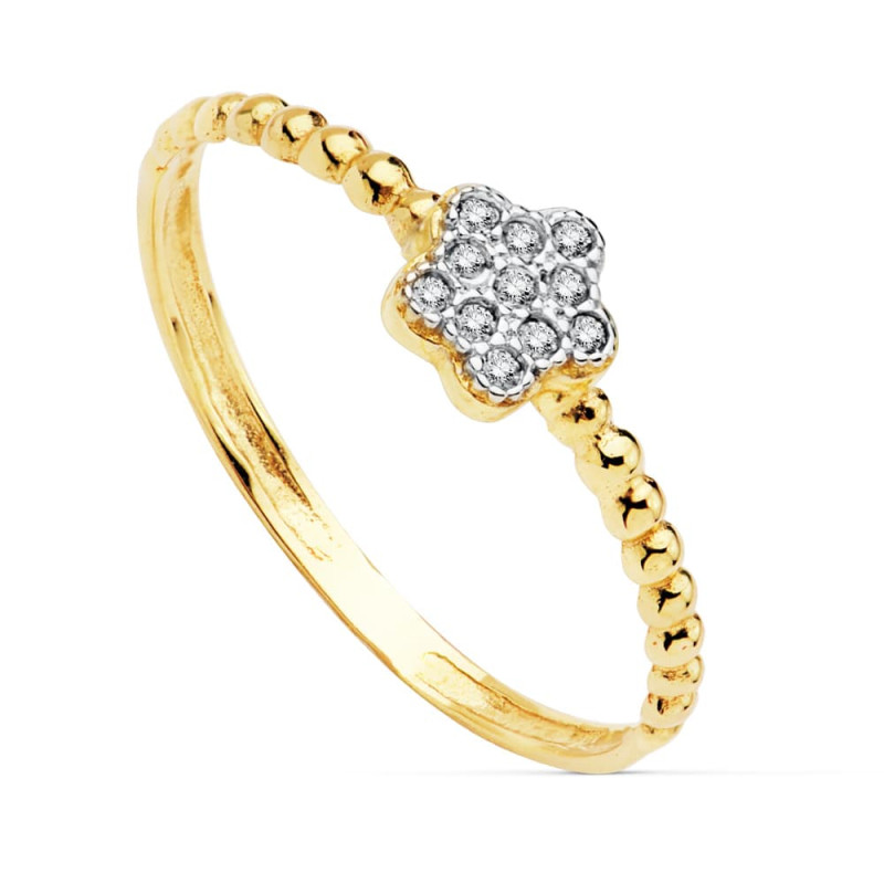 18K SORTIJA ORO BICOLOR FLOR DE 5 MM CON CIRCONITA CUERPO BOLITAS