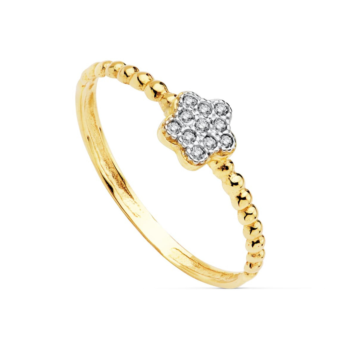 18K SORTIJA ORO BICOLOR FLOR DE 5 MM CON CIRCONITA CUERPO BOLITAS