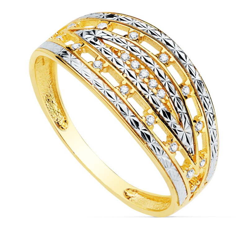 18K SORTIJA ORO BICOLOR TALLADA CIRCONITA ANCHO 9 MM