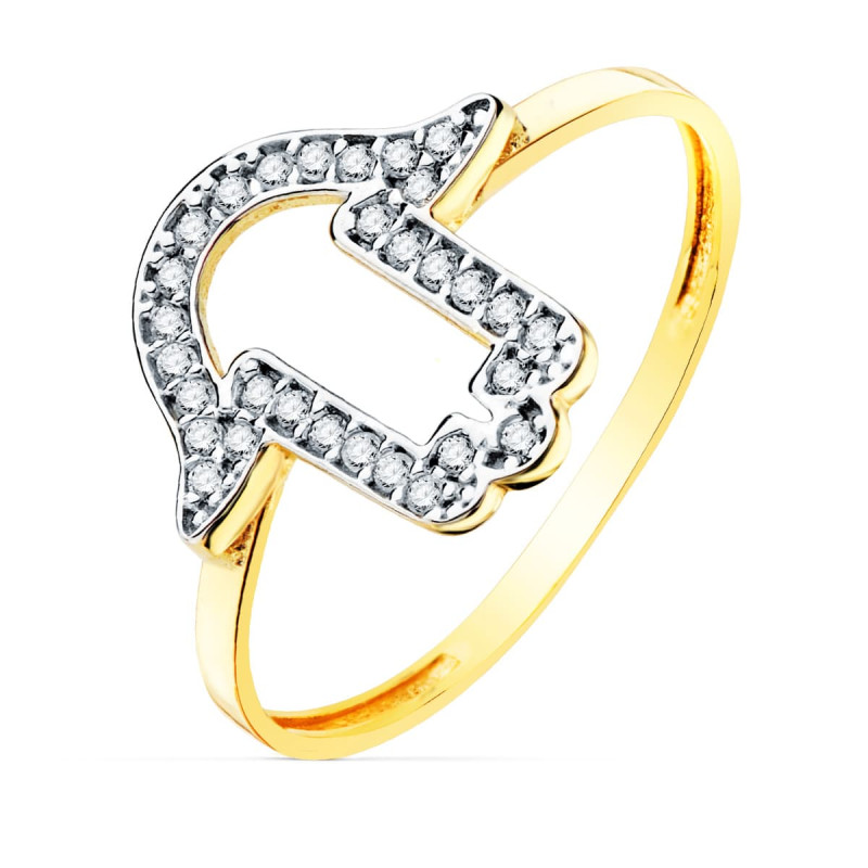 18K SORTIJA ORO AMARILLO MANO DE FATIMA CIRCONITA 13X13 MM ANCHO CUERPO 1.2 MM