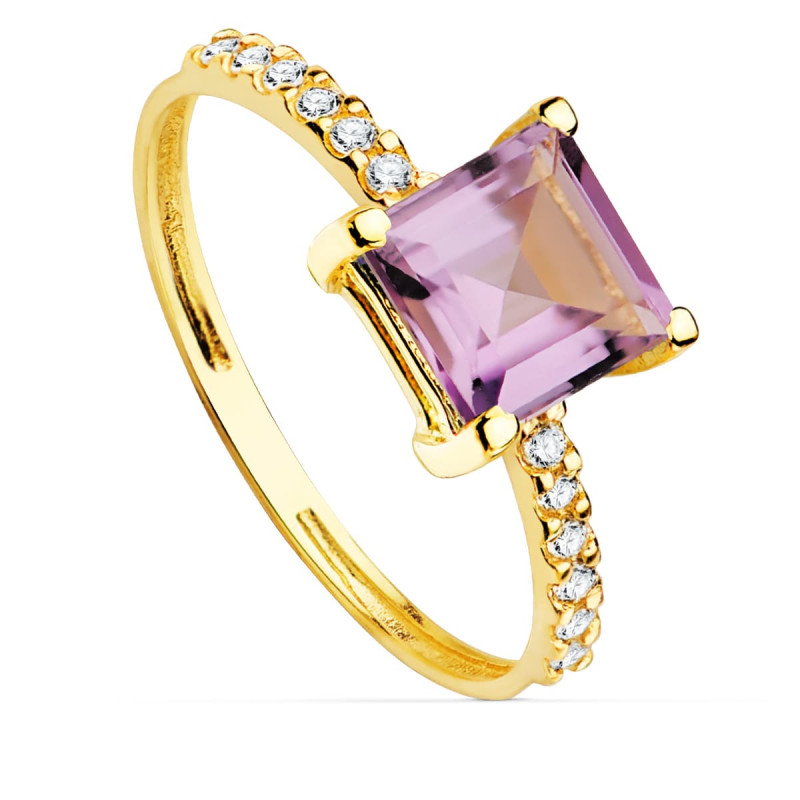 18K SORTIJA ORO AMARILLO CIRCONITA Y AMATISTA 6X6 MM ANCHO CUERPO 1.5 MM