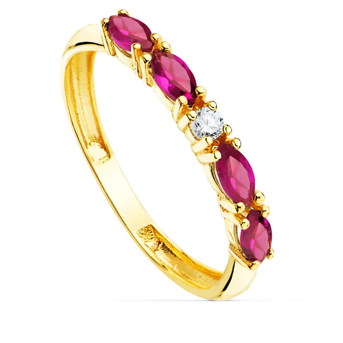 18K SORTIJA ORO AMARILLO 4 CIRCONITA ROJAS TALLA MARQUISE ANCHO 2 MM