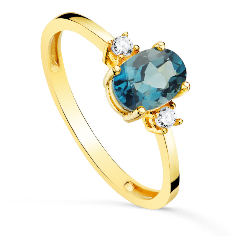 18K SORTIJA ORO AMARILLO PIEDRA AZUL BLUE LONDON 7 X 5MM Y CIRCONITA LATERALES