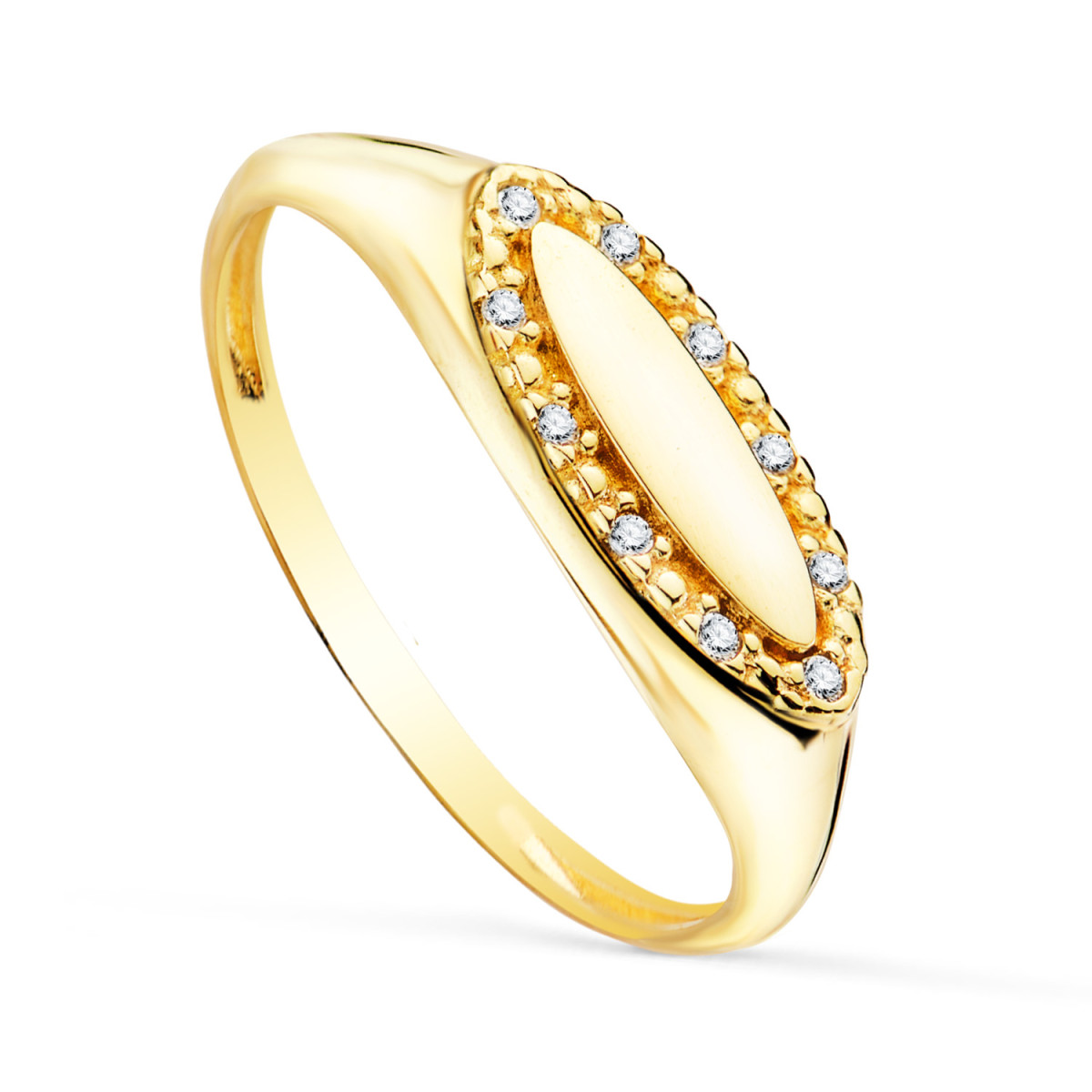 18K SORTIJA SELLO ORO AMARILLO BRILLO CABEZA OVAL ALARGADA CON CIRCONITA 14 X 6 MM. ZONA GRABADO: 10X3 MM