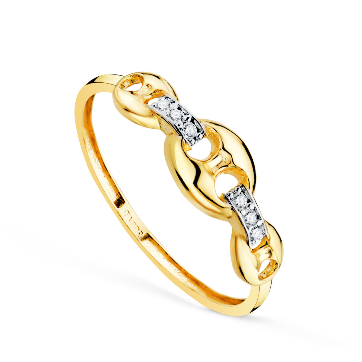 18K SORTIJA ORO BICOLOR CON ESLABONES NUDO DE BARCO Y CIRCONITAS. ANCHO: 5,4 MM