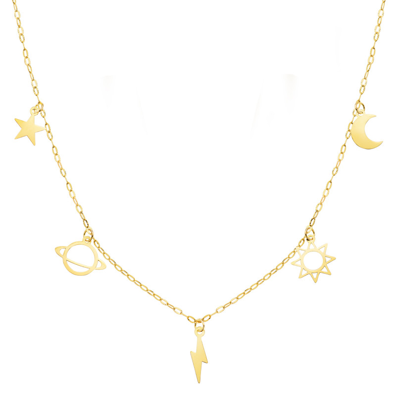 18K GARGANTILLA ORO AMARILLO CON COLGANTES UNIVERSO CADENA FORZADA TALLADA 42 3 CM