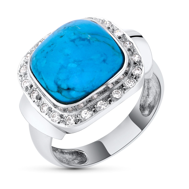 18K SORTIJA ORO BLANCO CON TURQUESA DE 12 MM Y CIRCONITAS. ANCHO: 17 MM