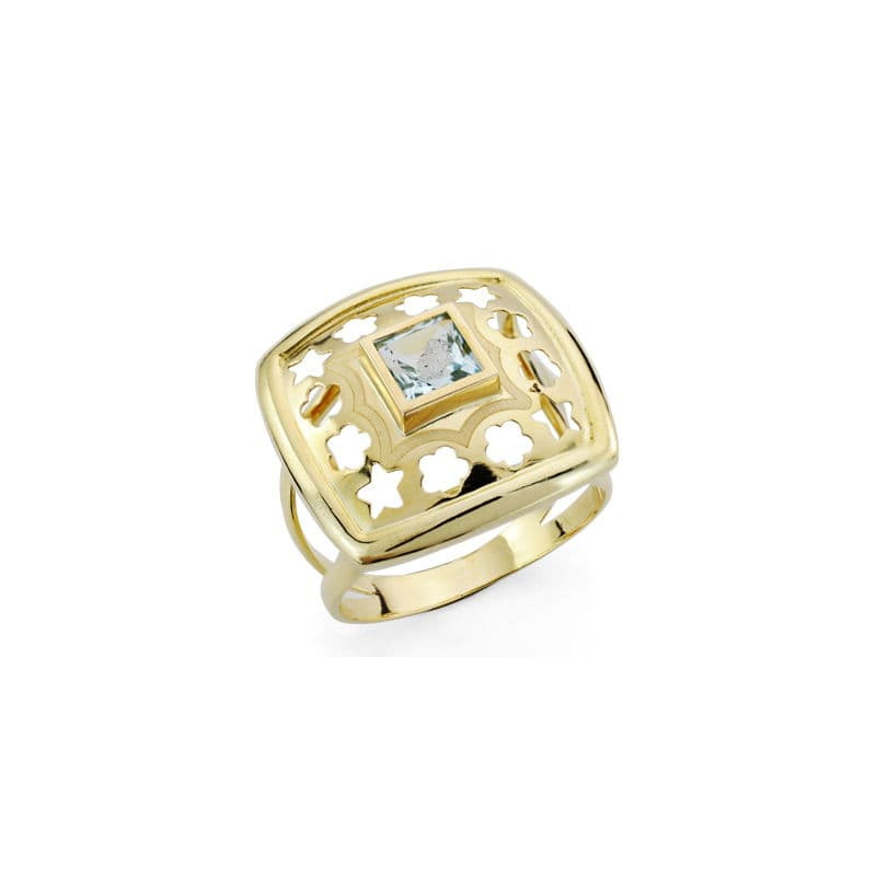 18K SORTIJA ORO AMARILLO FLORES Y ESTRELLAS CALADAS CON CIRCONITA AGUAMARINA. ANCHO: 20 MM