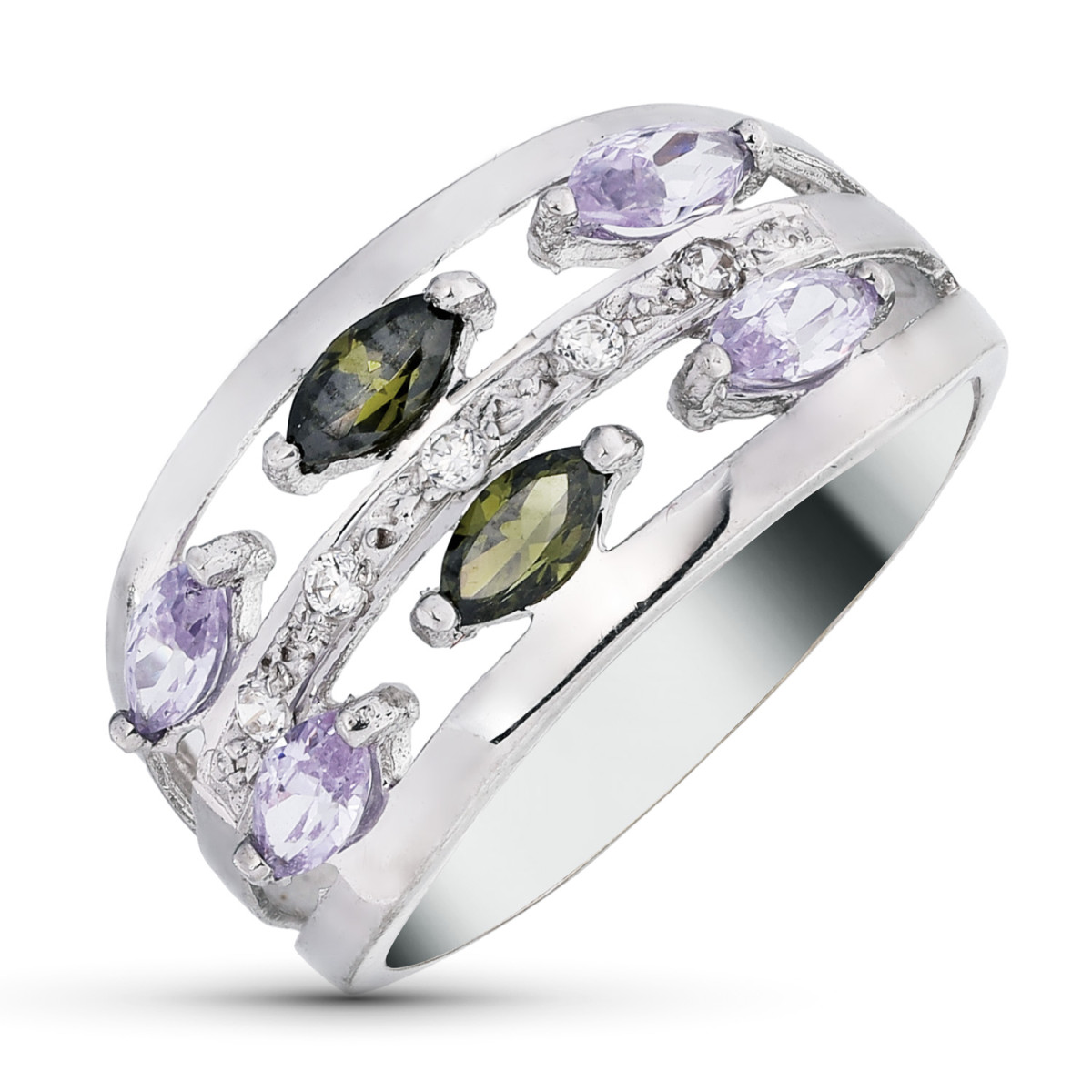 18K SORTIJA ORO BLANCO CIRCONITAS COLOR OLIVINA Y MALVA TALLA MARQUISE. ANCHO: 11 MM