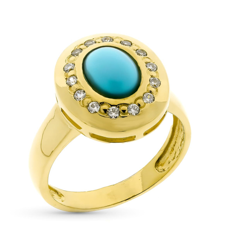 18K SORTIJA ORO AMARILLO CORAL O TURQUESA NATURAL 6X4 MM CABEZA 16X14 MM