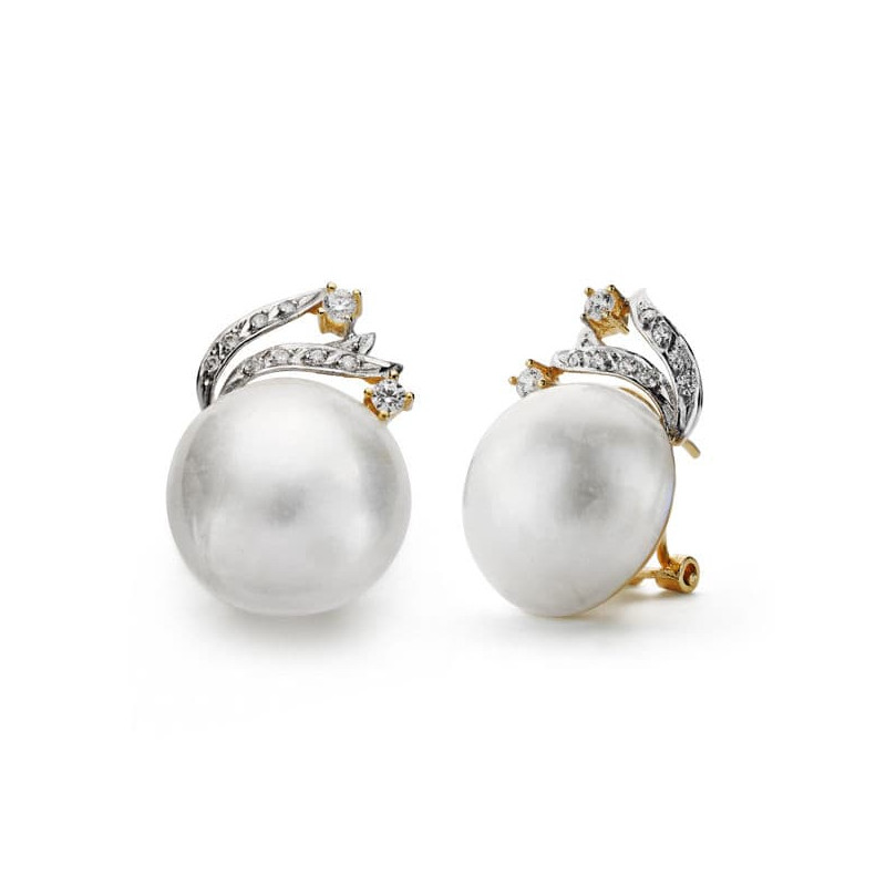 18K PENDIENTES ORO BICOLOR PERLA JAPONESA 15 MM RAMA CIERRE OMEGA