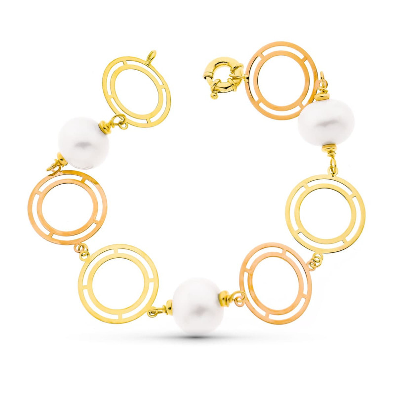 18K PULSERA ORO 21CM BICOLOR ORO AMARILLO Y ROSA Y PERLA CULTIVADAS 15 MM