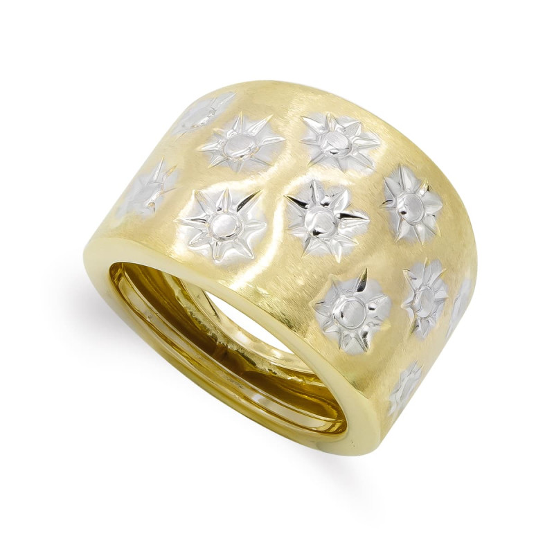 18K SORTIJA ORO BICOLOR MOTIVOS TALLADOS. ANCHO: 16 MM