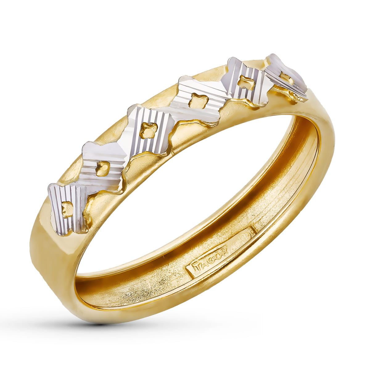 18K SORTIJA ORO BICOLOR MOTIVOS ROMBO TALLADOS. ANCHO 4 MM