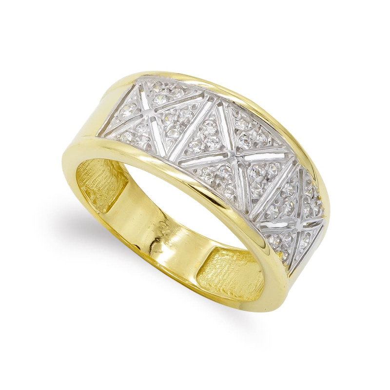 18K SORTIJA ORO BICOLOR CON BORDES LISOS Y CENTRO DE CIRCONITAS. ANCHO: 10 MM