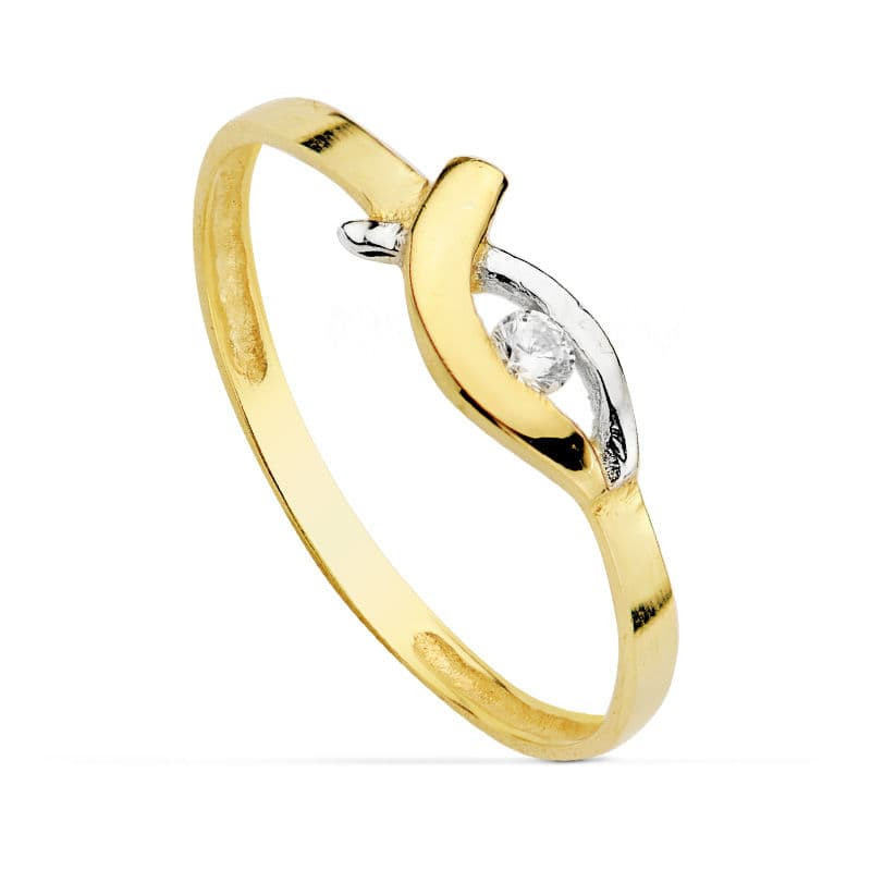 18K SORTIJA ORO BICOLOR CON MOTIVO CRUZADO Y CIRCONITA. ANCHO: 4,5 MM