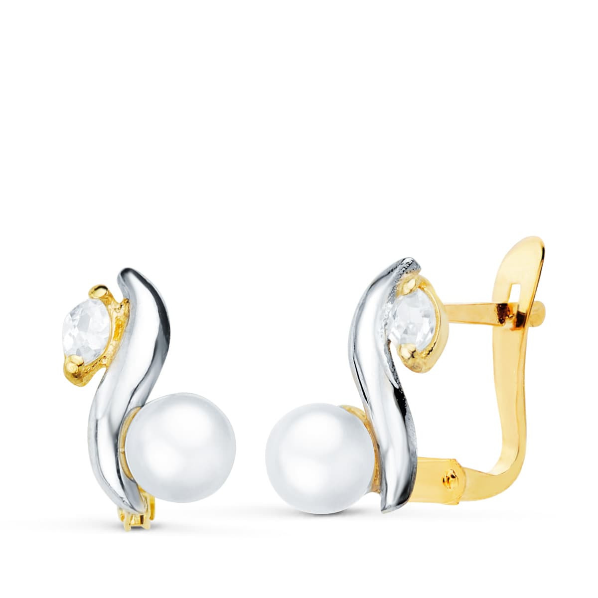 18K PENDIENTES ORO BICOLOR BANDAS Y PERLA DE 4.5 MM MEDIDA 10X7 MM CATALAN