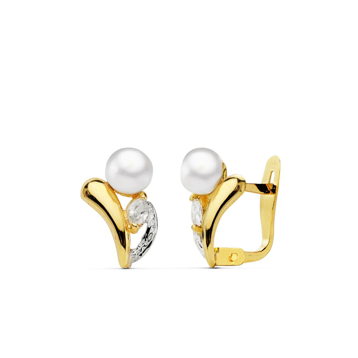 18K PENDIENTES ORO BICOLOR PERLA Y PIEDRA 11X8 MM CIERRE CATALAN