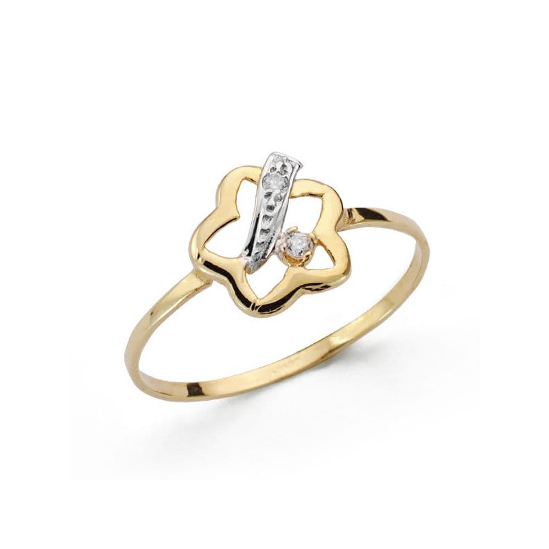 18K SORTIJA ORO BICOLOR CON FLOR Y CIRCONITAS. ANCHO: 9,5 MM