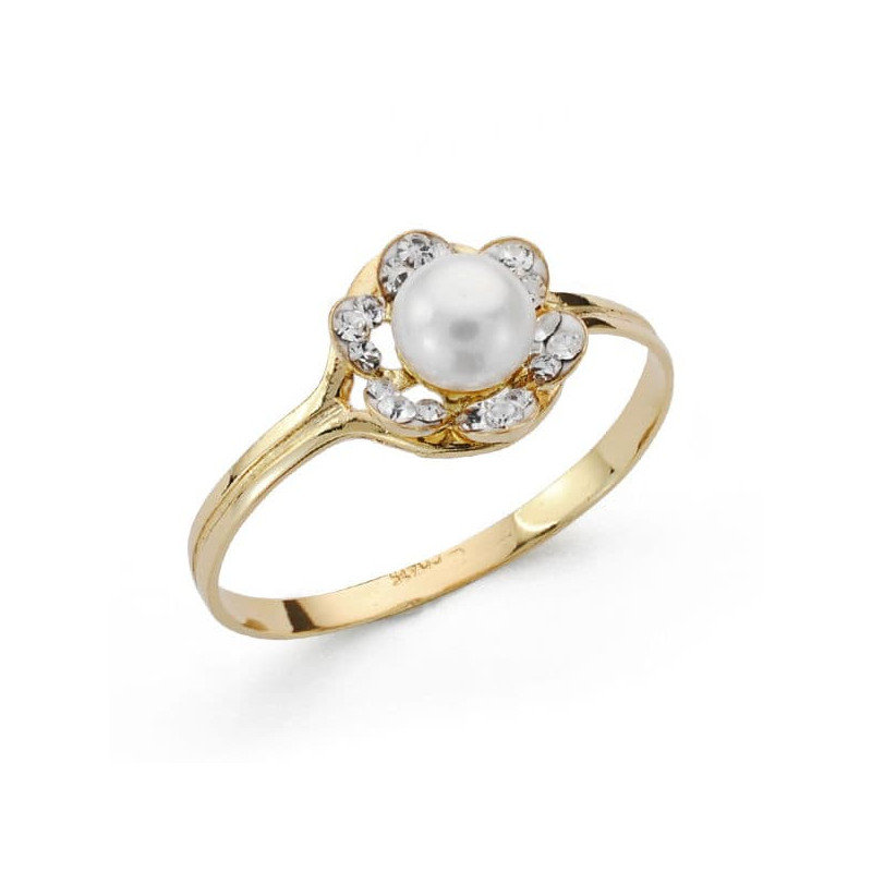 18K SORTIJA ORO AMARILLO FLOR CON PERLA Y CIRCONITA. ANCHO: 8 MM