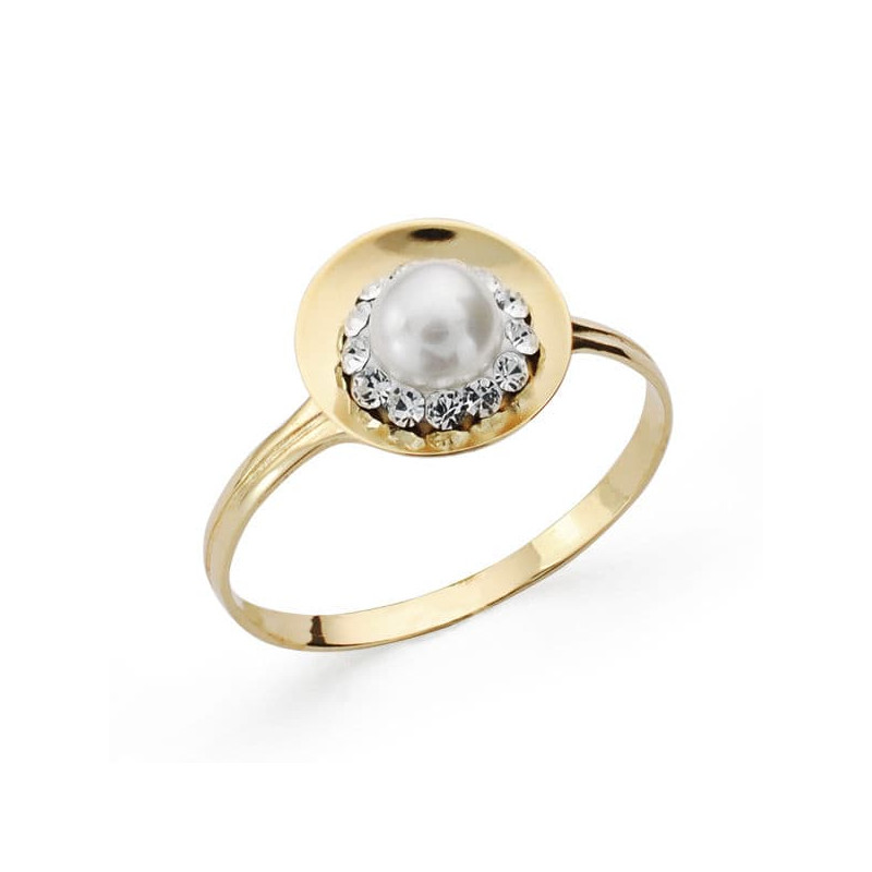 18K SORTIJA ORO AMARILLO MOTIVO REDONDO CON PERLA 4,5 MM Y CIRCONITAS. ANCHO: 10 MM