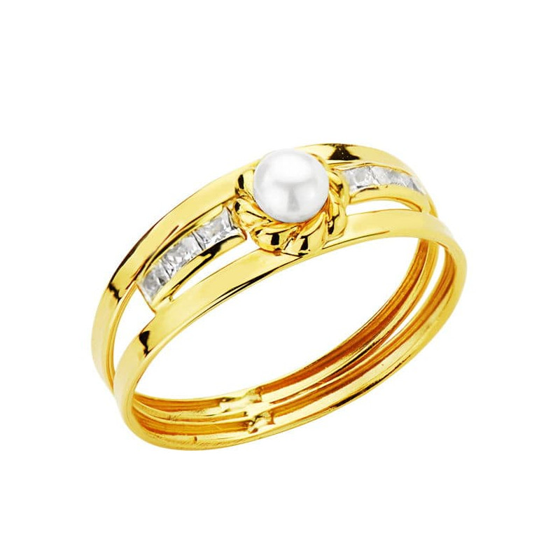 18K SORTIJA ORO AMARILLO DOBLE CUERPO CON PERLA DE 3 MM Y CIRCONITAS EN CARRIL. ANCHO: 6 MM