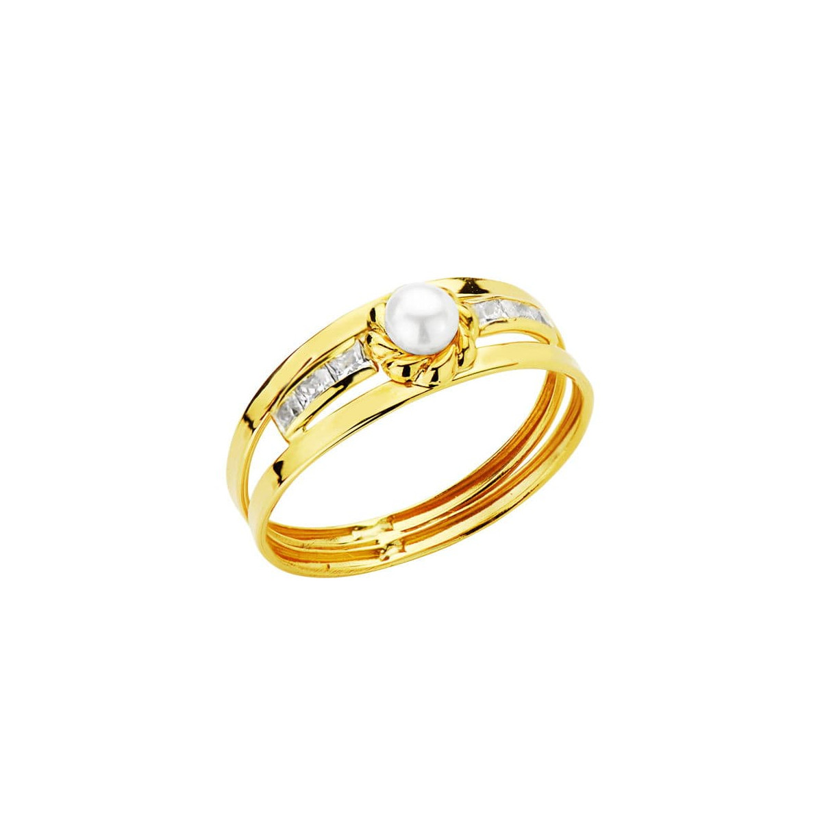 18K SORTIJA ORO AMARILLO DOBLE CUERPO CON PERLA DE 3 MM Y CIRCONITAS EN CARRIL. ANCHO: 6 MM