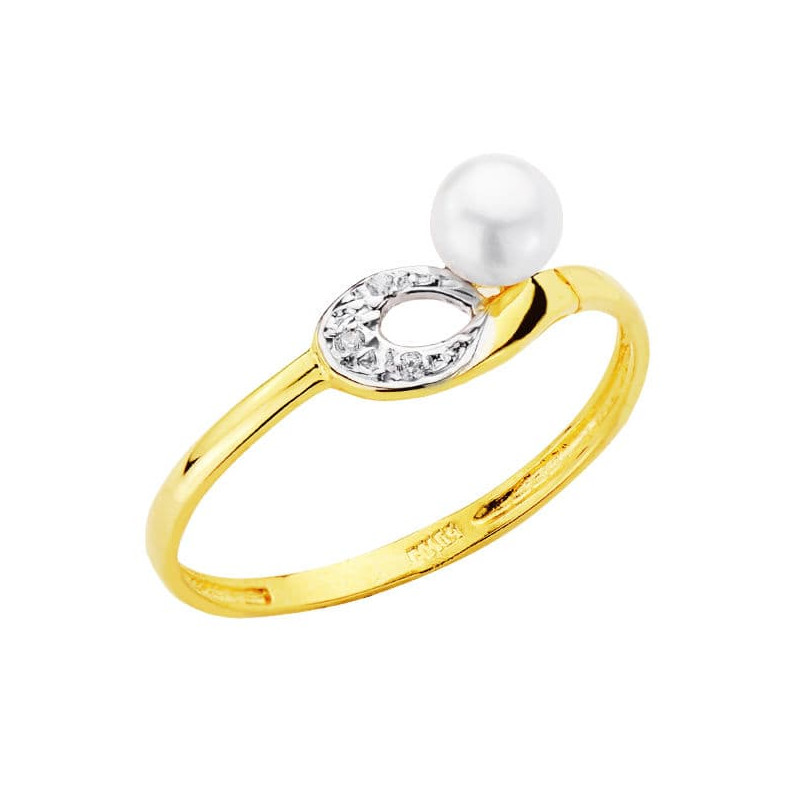 18K SORTIJA ORO BICOLOR MOTIVO CALADO CON PERLA DE 4 MM Y CIRCONITAS. ANCHO: 6,5 MM