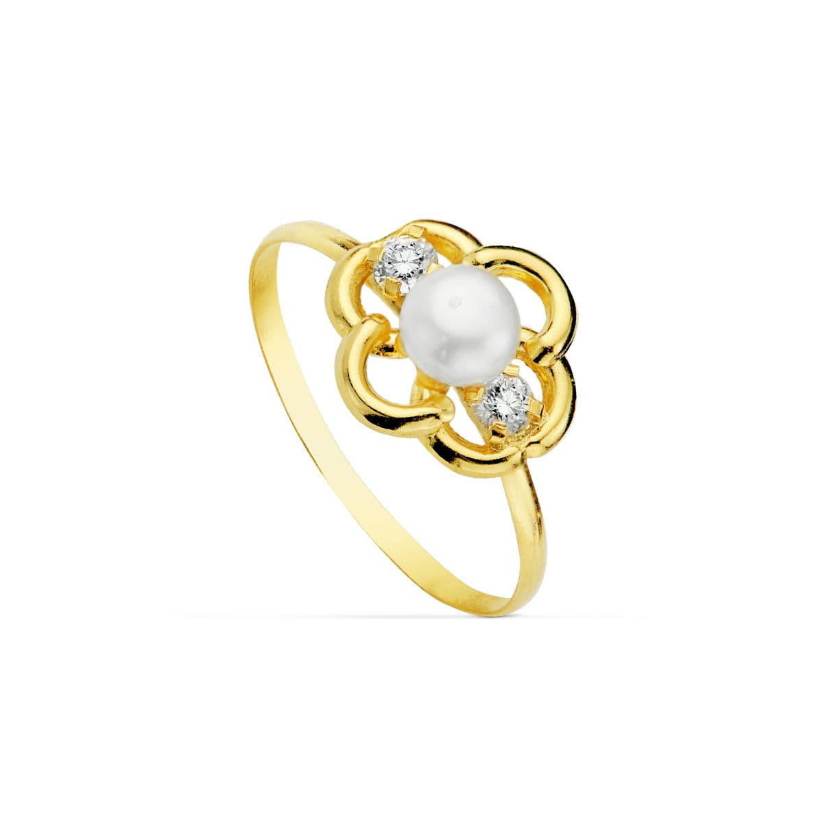 18K SORTIJA ORO AMARILLO MOTIVO CON PERLA 4MM Y CIRCONITAS. ANCHO: 9,5 MM