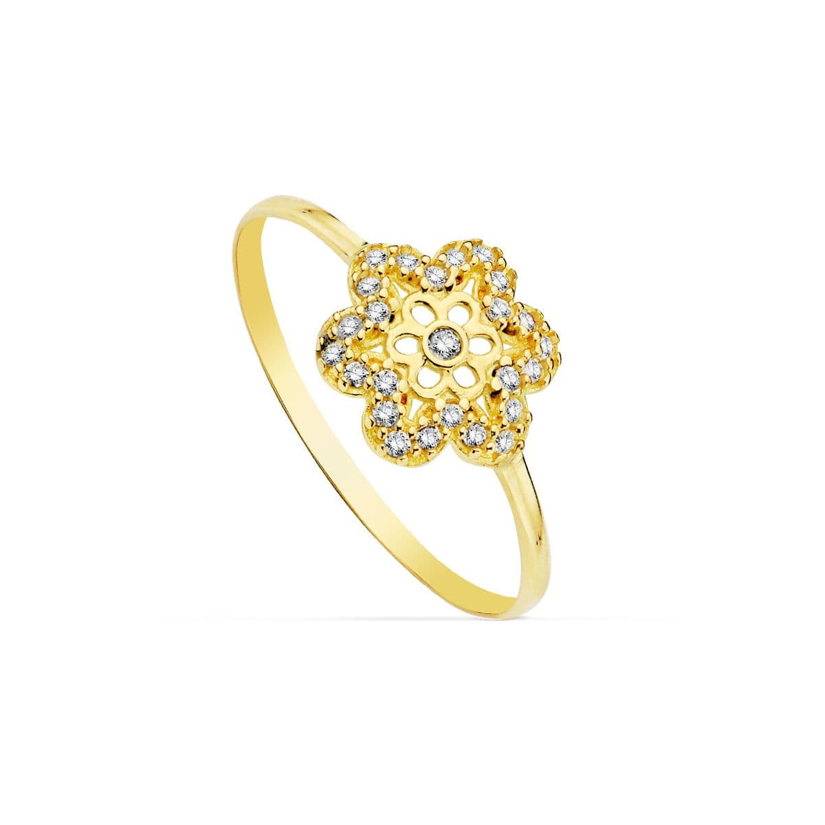 18K SORTIJA ORO AMARILLO FLOR CALADA CON CIRCONITAS. ANCHO: 9 MM