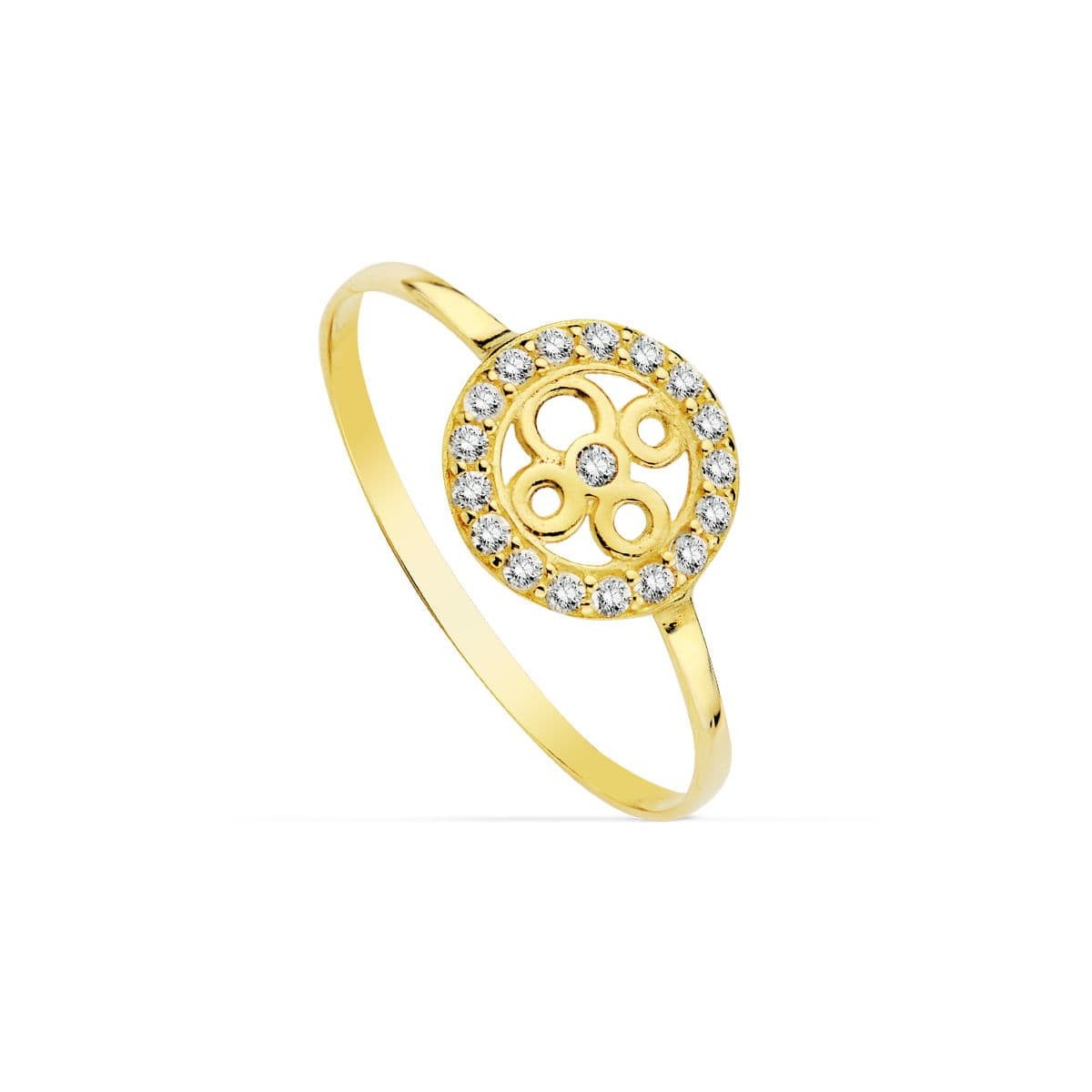18K SORTIJA ORO AMARILLO MOTIVO REDONDO CALADO CON CIRCONITAS. ANCHO: 9 MM
