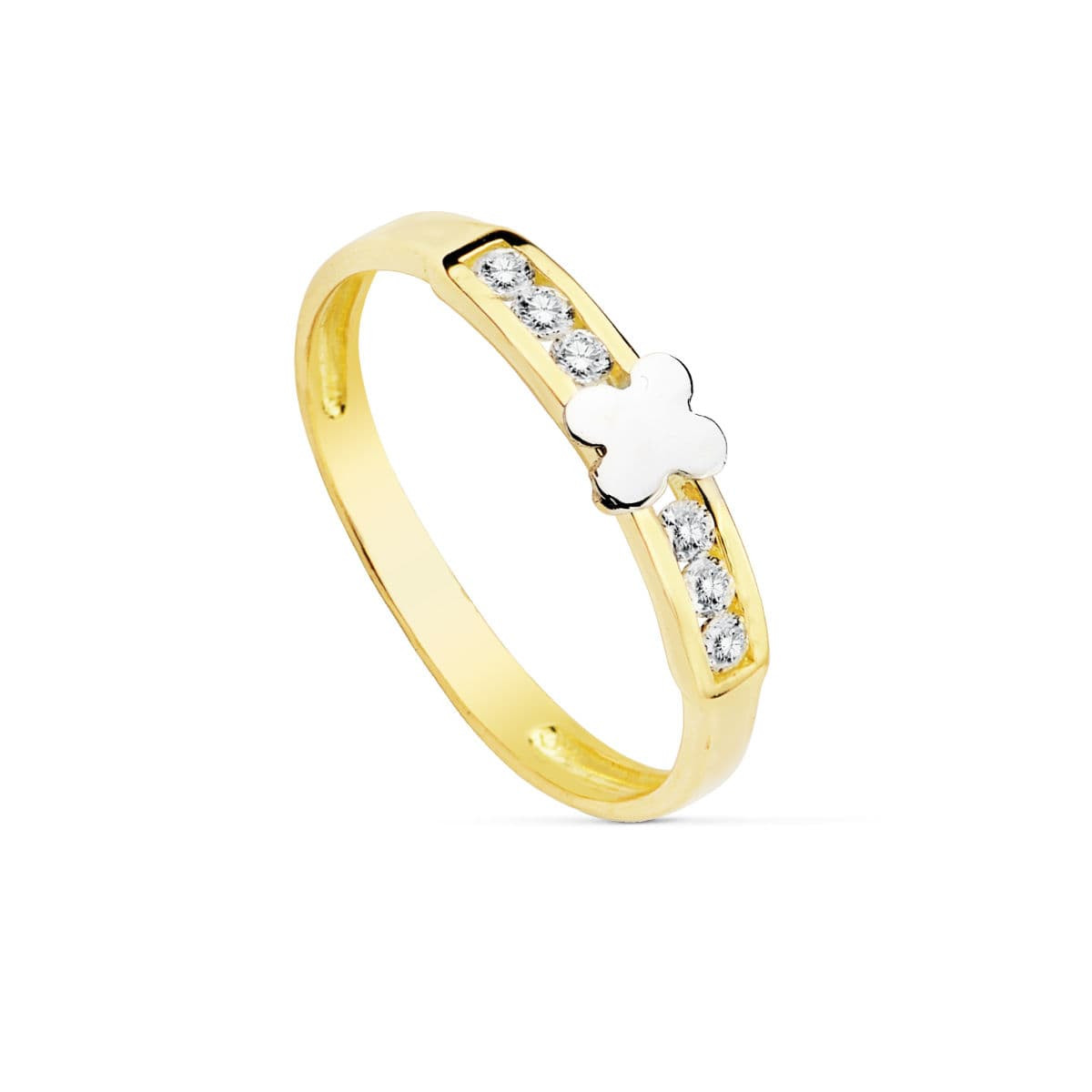 18K SORTIJA ORO BICOLOR CON CIRCONITA EN CARRIL Y FLOR. ANCHO: 3 MM