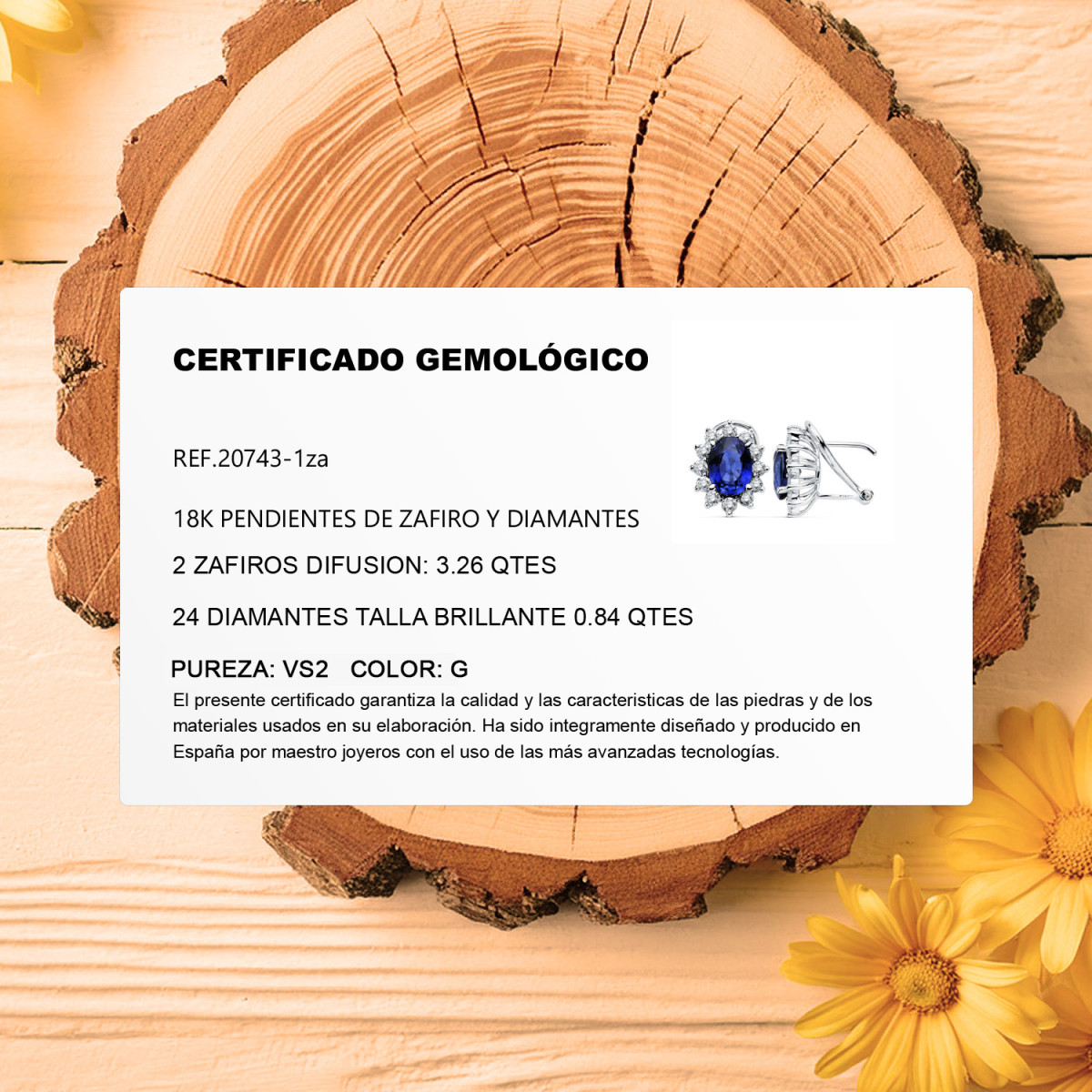 18K PENDIENTES ORO BLANCO 24 DIAMANTES LABORATORIO 0,84 QTS VS2-G Y ZAFIRO DIFUSION 8X6 MM 3,26 QTS CIERRE OMEGA 12,5X11 MM