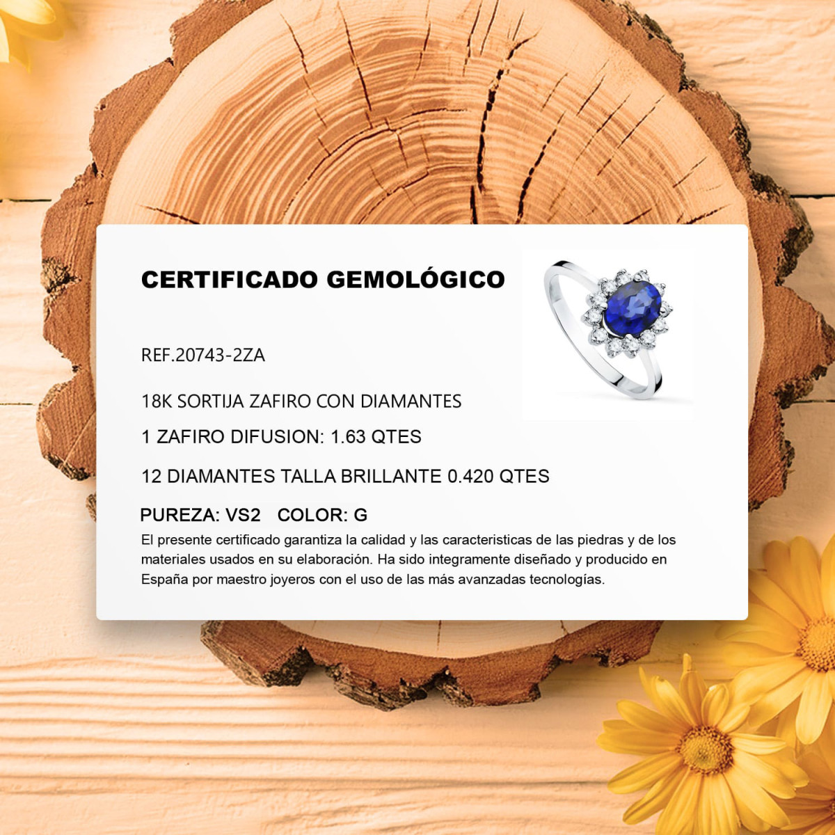 18K SORTIJA ORO BLANCO DIAMANTES DE LABORATORIO Y ZAFIRO DIFUSION 8X6 MM 1,63 QT 0,42 QT VS2-G.