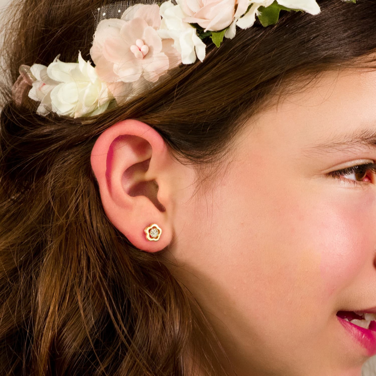 18K PENDIENTES ORO AMARILLO FLOR Y CIRCONITA 8X8 MM PRESION