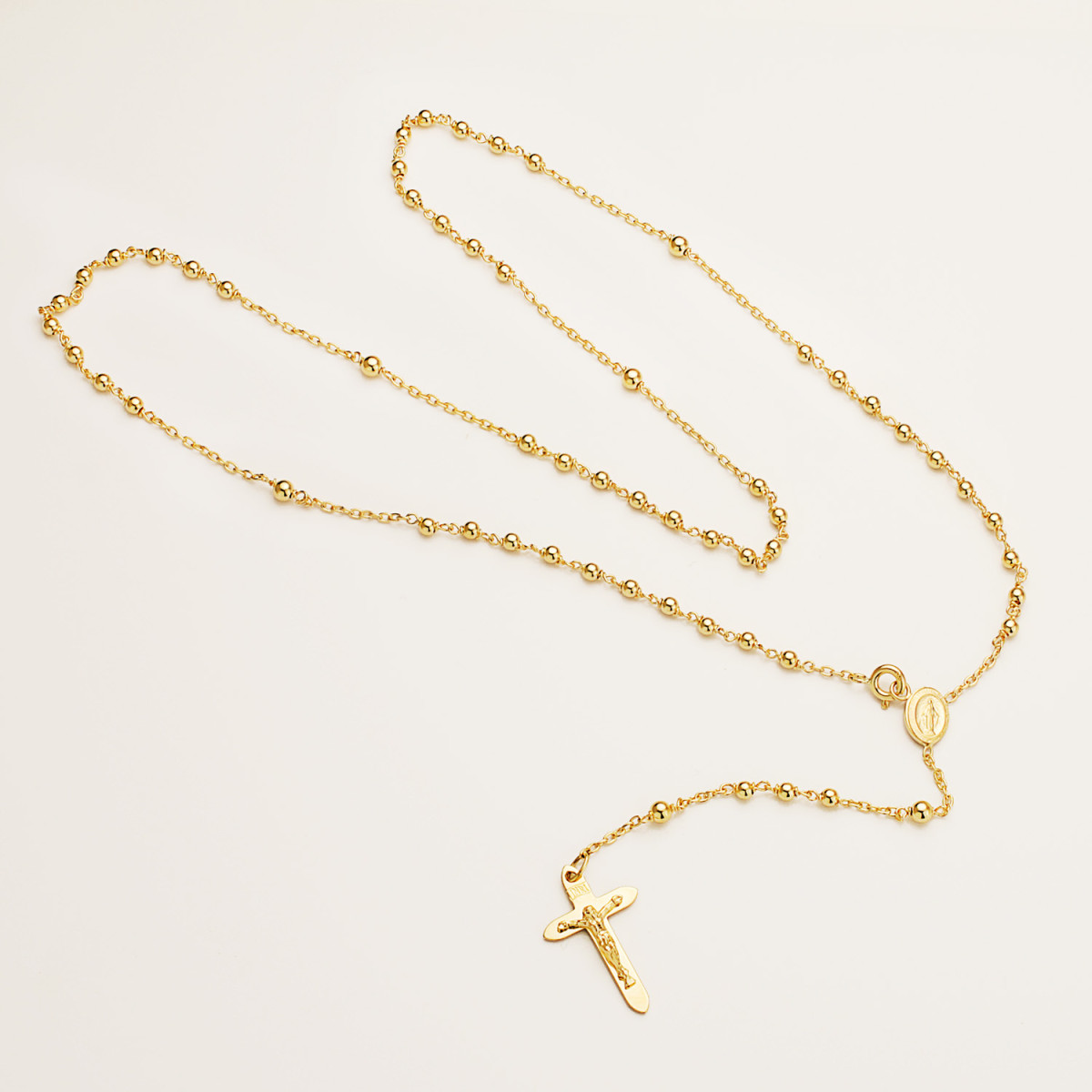 18K ROSARIO ORO AMARILLO CON BOLAS 2 MM Y CRUZ 23X14MM CADENA FORZADA 50CM