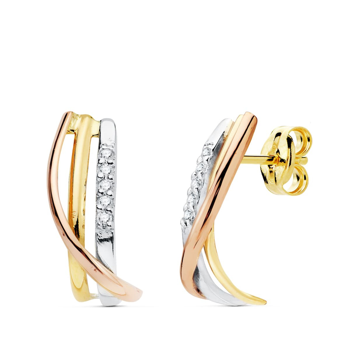 18K PENDIENTES BANDAS TRICOLOR CIRCONITA 15X5 MM CIERRE PRESION