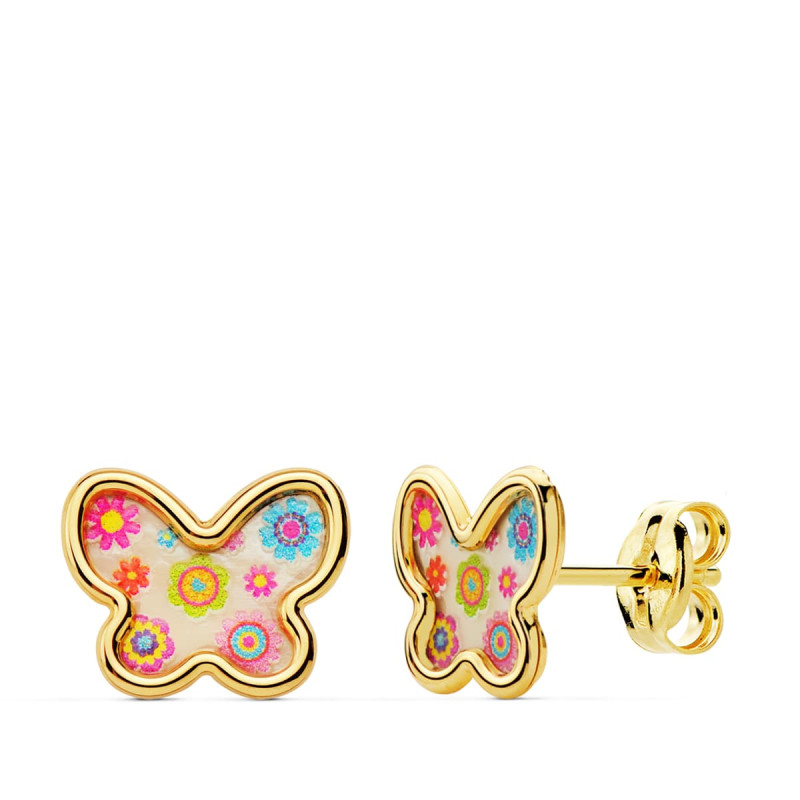 18K PENDIENTES ORO AMARILLO MARIPOSAS NACAR COLORES. 9X7 MM CIERRE PRESION