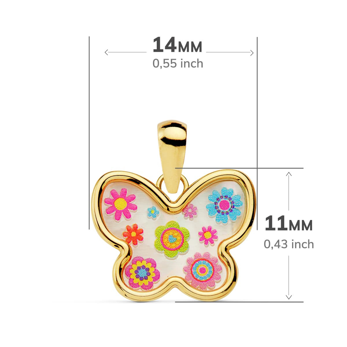 18K COLGANTE ORO AMARILLO MARIPOSA NACAR COLORES. 14X11 MM