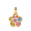 18K COLGANTE ORO AMARILLO AMULETO FLOR NACAR COLORES. 13X13 MM