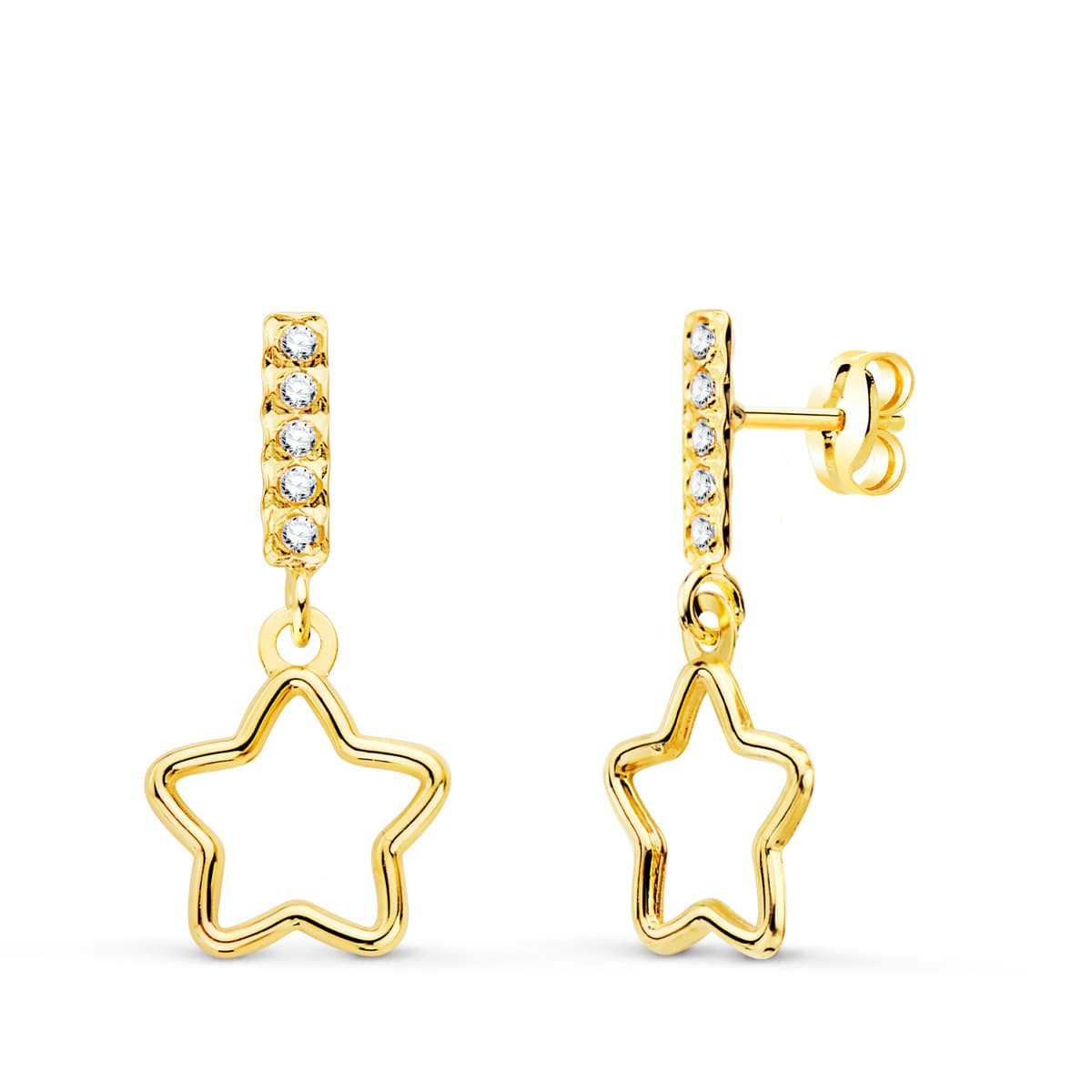 18K PENDIENTES ORO AMARILLO COLGANTE ESTRELLA Y CIRCONITA 17X8 MM