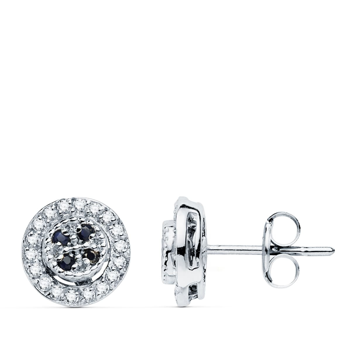 18K PENDIENTES ORO BLANCO REDONDO CIRCONITA Y ZAFIROS 8 MM CIERRE PRESION