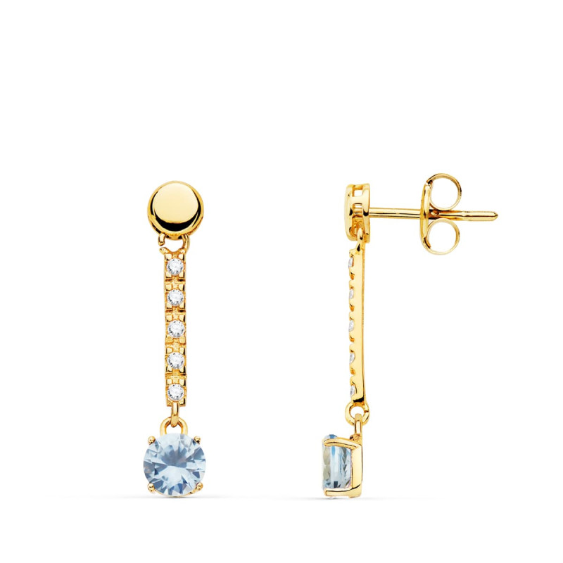 18K PENDIENTES ORO AMARILLO PIEDRA REDONDA COLOR AGUAMARINA 25X5 MM CIERRE PRESION