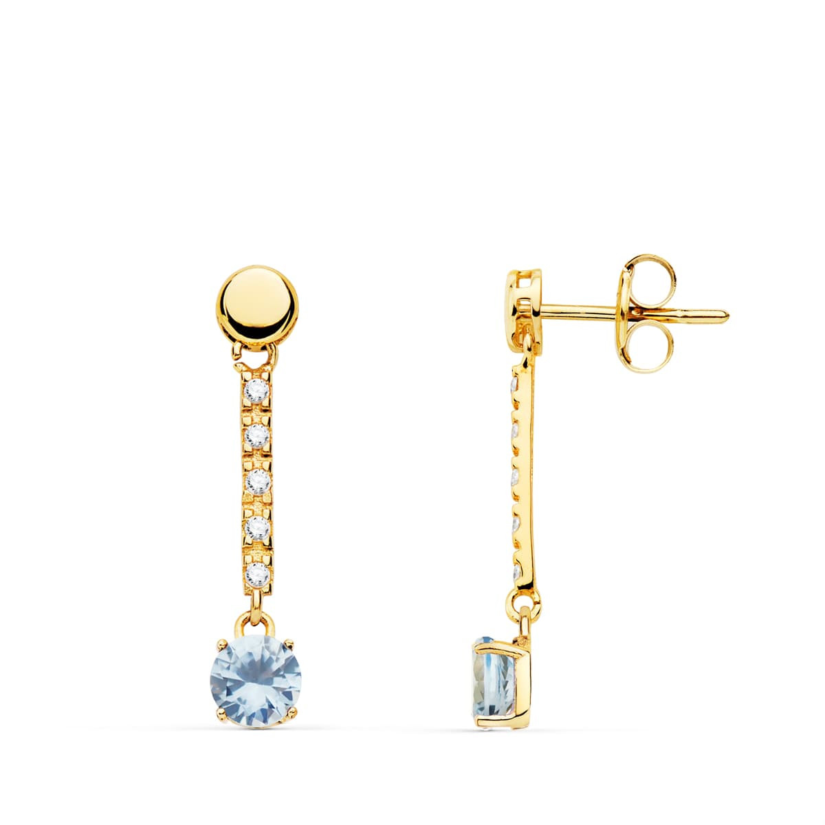 18K PENDIENTES ORO AMARILLO PIEDRA REDONDA COLOR AGUAMARINA 25X5 MM CIERRE PRESION