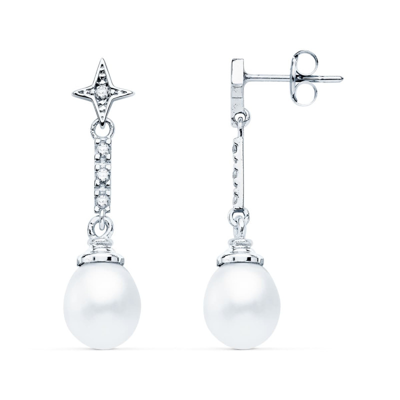 18K PENDIENTES ORO BLANCO PERLA Y CIRCONITA 28X8 MM CIERRE PRESION