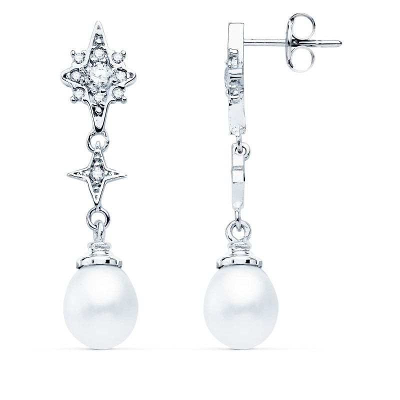 18K PENDIENTES LARGOS ORO BLANCO PERLA Y CIRCONITA 35X8 MM CIERRE PRESION