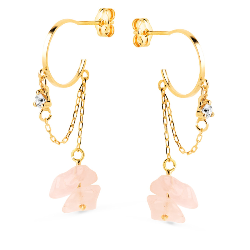 18K PENDIENTES ORO AMARILLO MEDIO ARO 11MM CON CADENA Y CUARZO ROSA 33MM. CIERRE PRESION