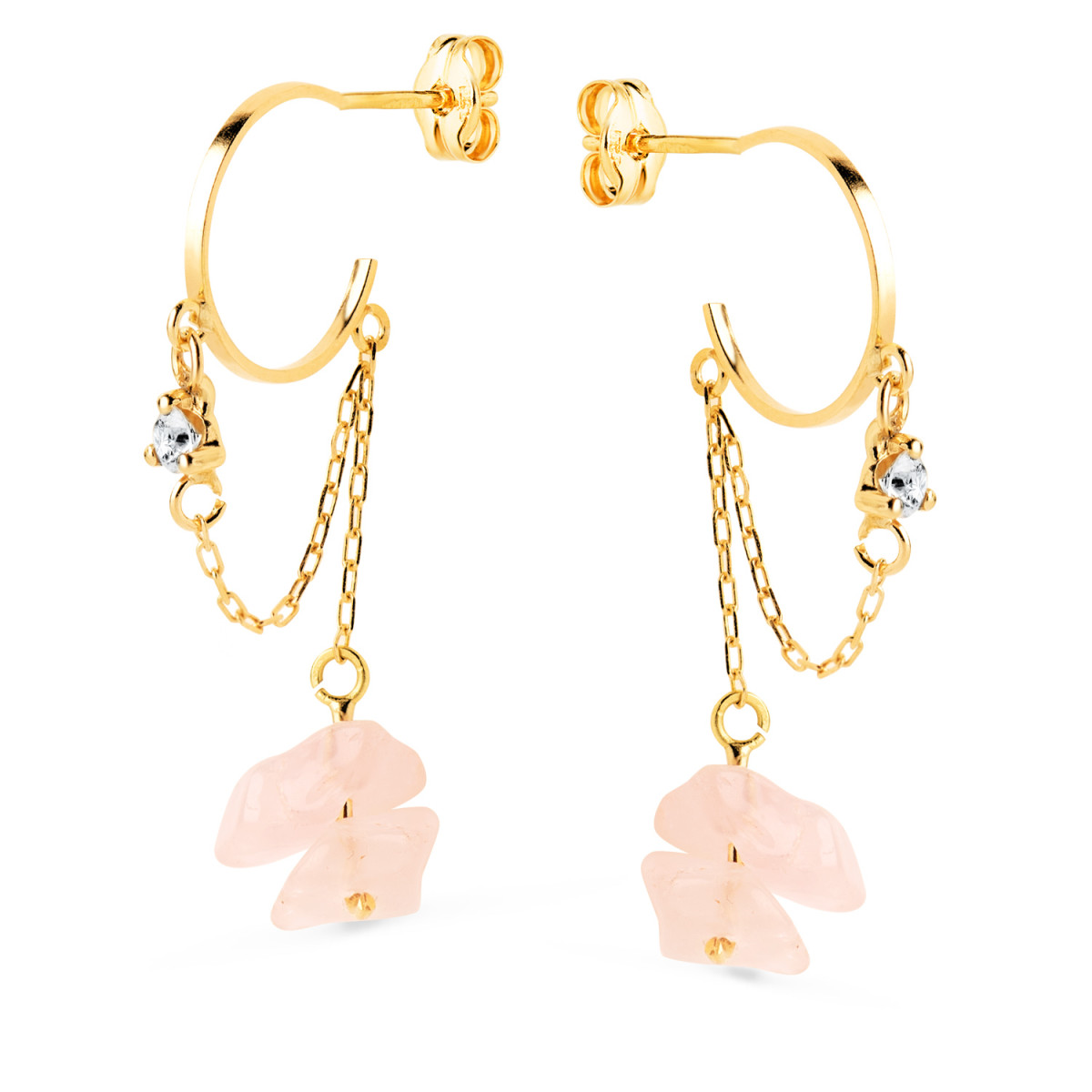 18K PENDIENTES ORO AMARILLO MEDIO ARO 11MM CON CADENA Y CUARZO ROSA 33MM. CIERRE PRESION