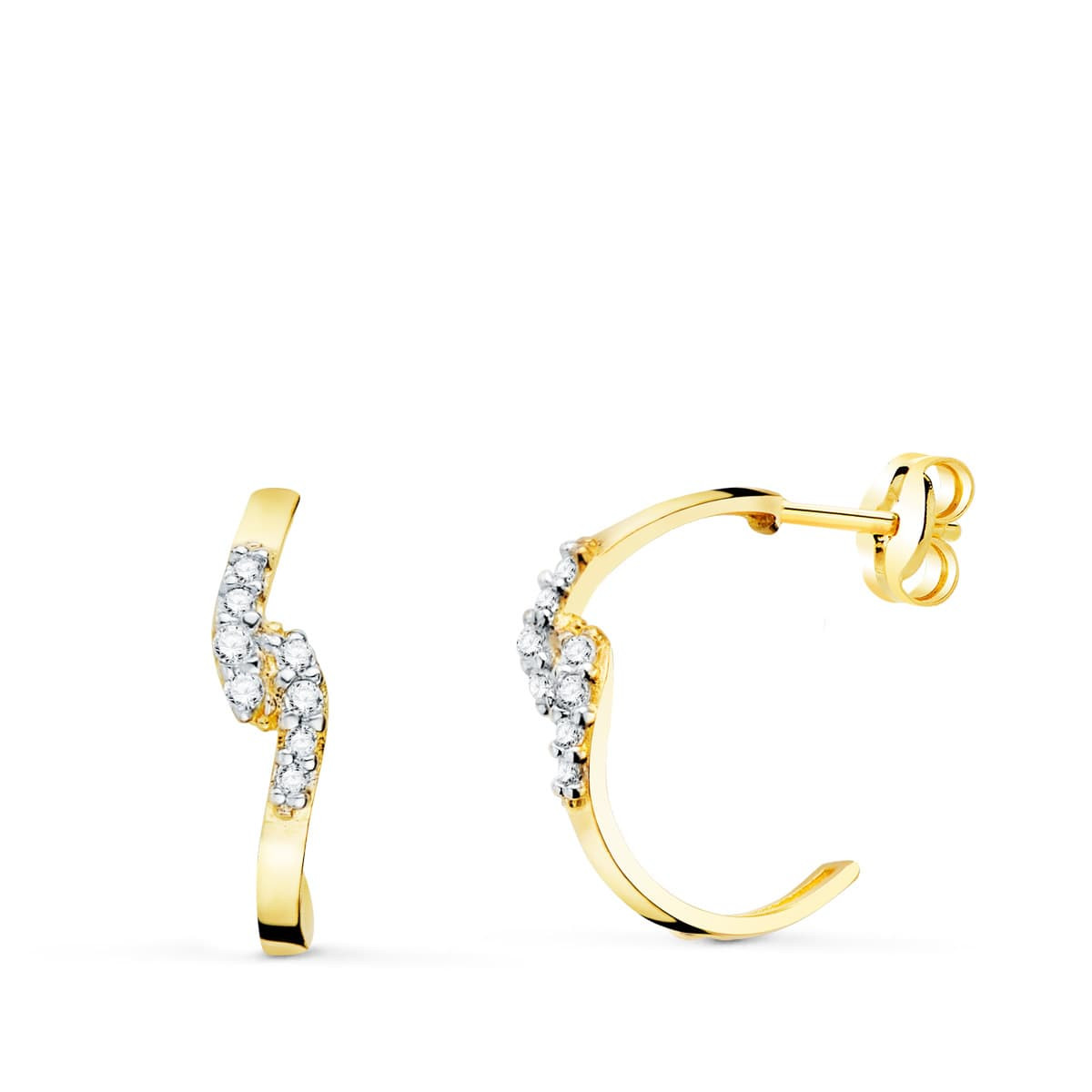 18K PENDIENTES ORO BICOLOR MEDIA ARO CUADRADO CON CIRCONITA 15X3 MM PRESION